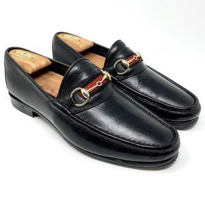 GUCCI Black Leather Gold Bit Red Ribbon Lux Loafer